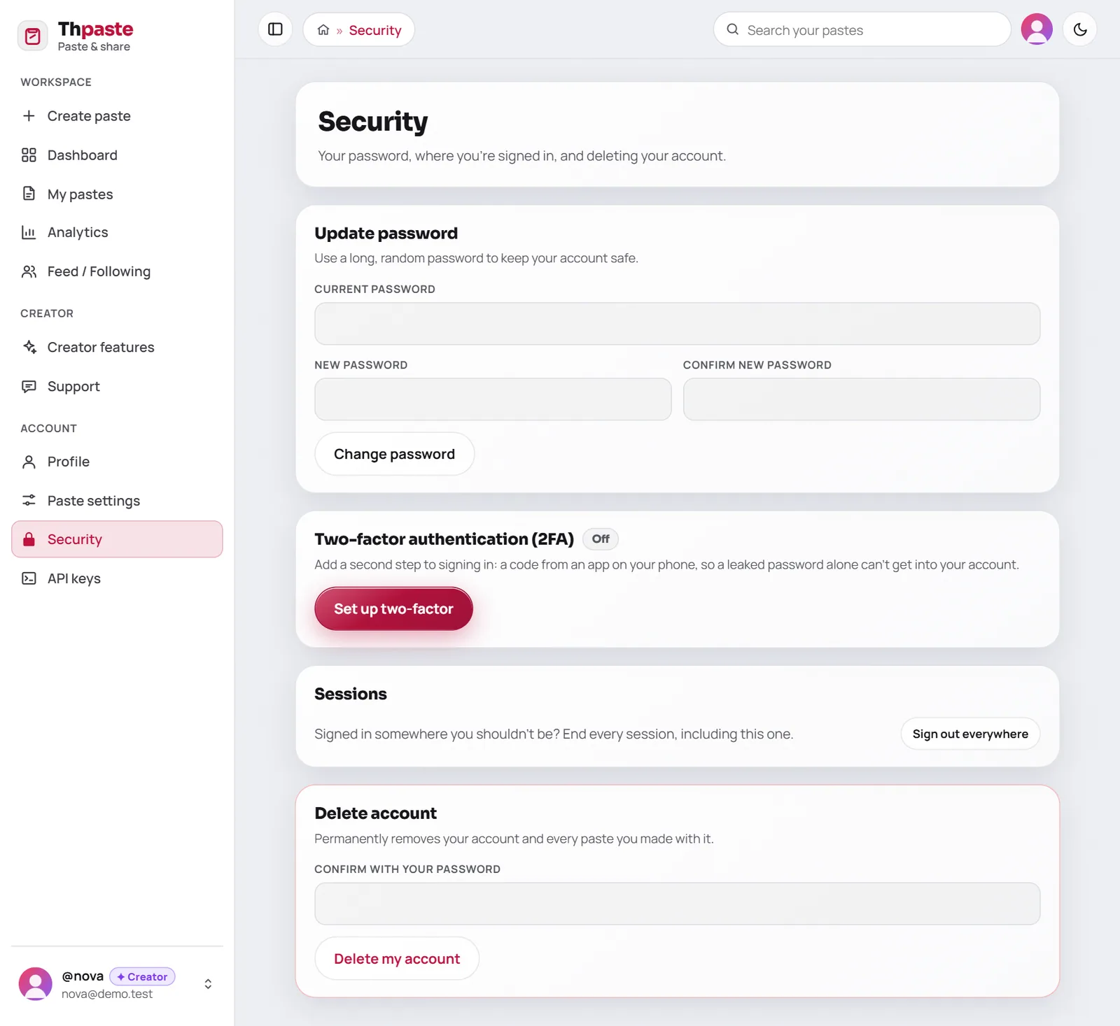 The Security page